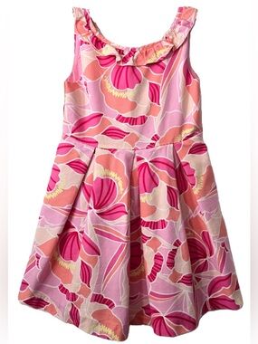 Girls Pink Floral Ruffle Neck Dress